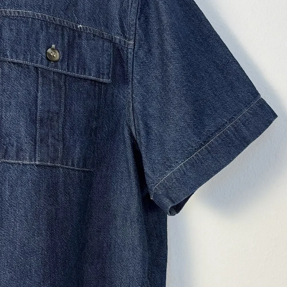 Banana Republic Men’s L Blue Denim Cotton Solid Short Sleeve Button-Up Pockets